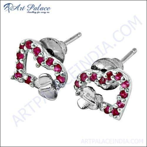 Lovable Pink Cubic Zirconia Gemstone Silver Heart With Butterfly Earrings