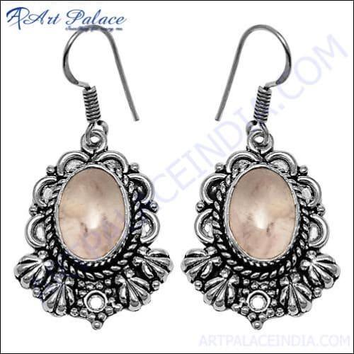 Loveable Ethnic Rose Quartz White Metal Earring Adorable Earrings Solid Earrings