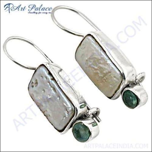 Lovely Apatite Pearl Silver Gemstone Earrings, 925 Sterling Silver Jewerlry