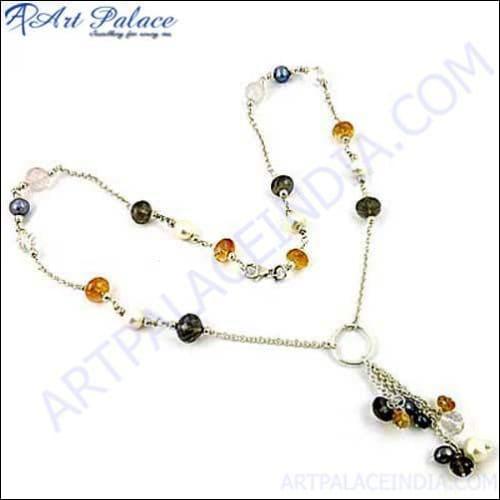 Lovely Black Pearl & Citrine Silver Necklace