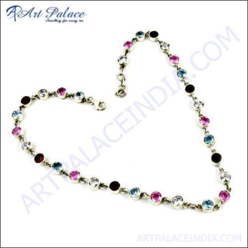 Lovely Blue Topaz & Garnet & Pink & White Cubic Zirconia Gemstone Silver Necklace Colorful Cz Necklace Cz Silver Necklace