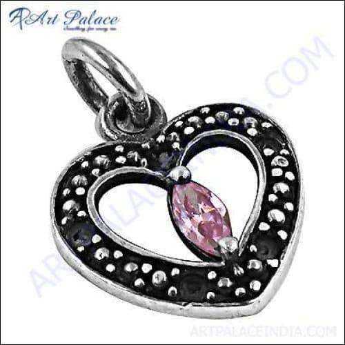 Lovely Designer Heart Silver Pendant With Pink Cubic Zirconia