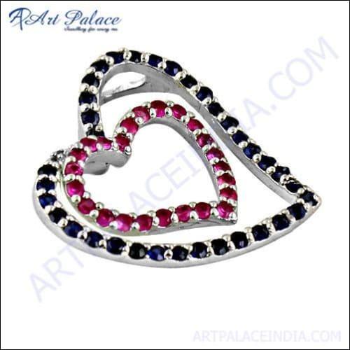 Lovely Dual Heart Ink & Pink Zirconia Gemstone Silver Pendant