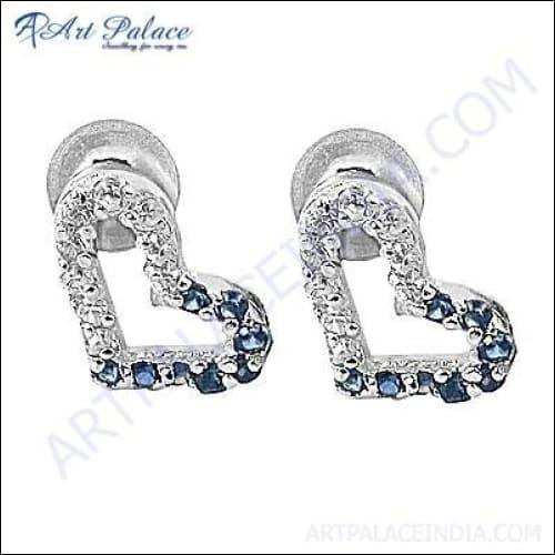 Lovely Heart Shape Cubic Zirconia & Iolitezirconia Gemstone Silver Earrings