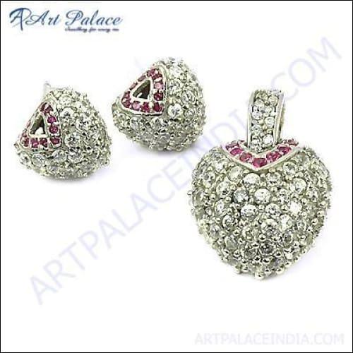 Lovely Heart Shape Cubic Zirconia Gemstone Silver Pendant Set