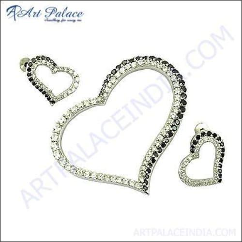 Lovely Heart Style Natural Gemstone Silver Pendant Set