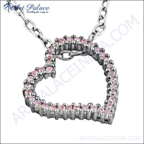 Lovely Heart Style Pink Cubic Zirconia Gemstone Silver Pendant