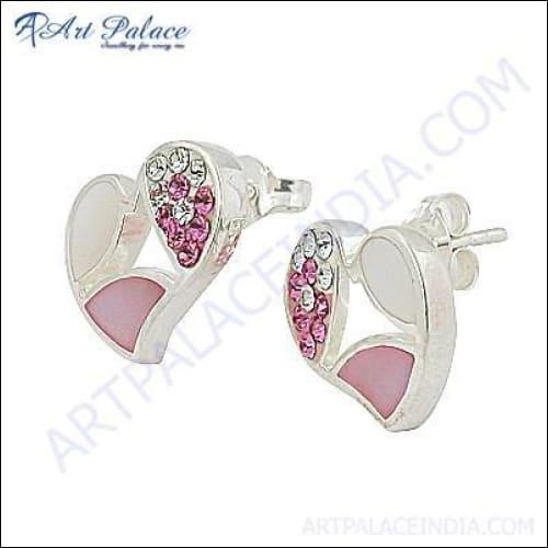 Lovely Heart Style White & Pink Cz & Inlay Silver Earrings