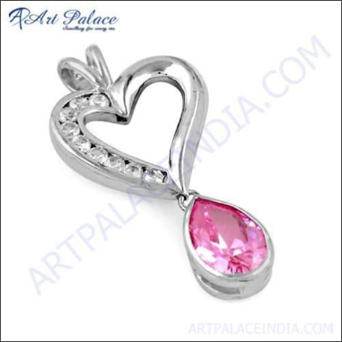 Lovely Heart Style White & Pink Cz Gemstone Silver Pendant