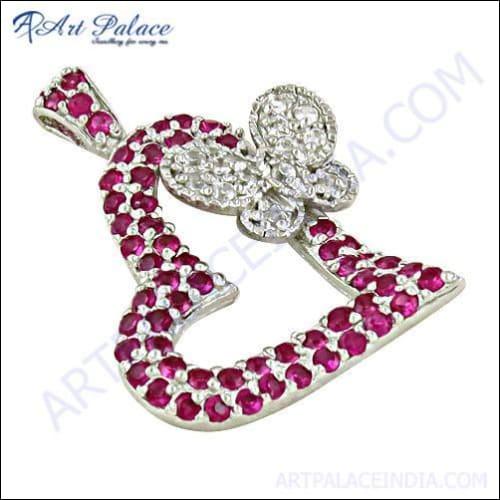 Lovely Heart With Butterfly Cz Gemstone Silver Pendant