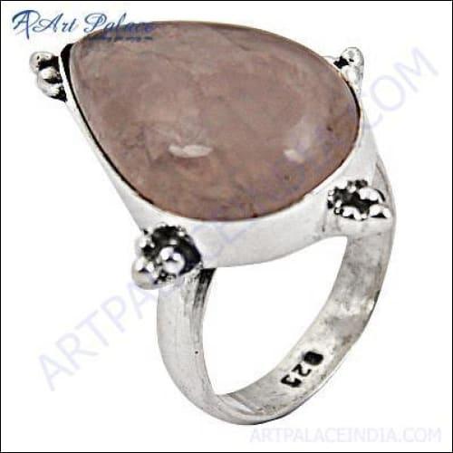 Lovely Pear Shape Rose Quartz Gemstone Silver Ring