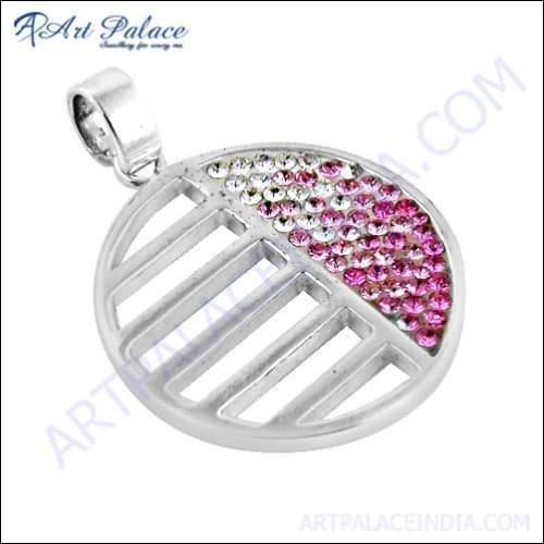 Lovely Pink & White CZ Fret Work Silver Pendant