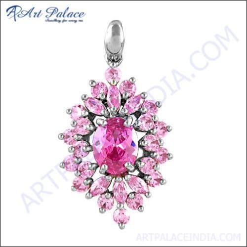 Lovely Pink Cubic Zirconia Gemstone Silver Pendant