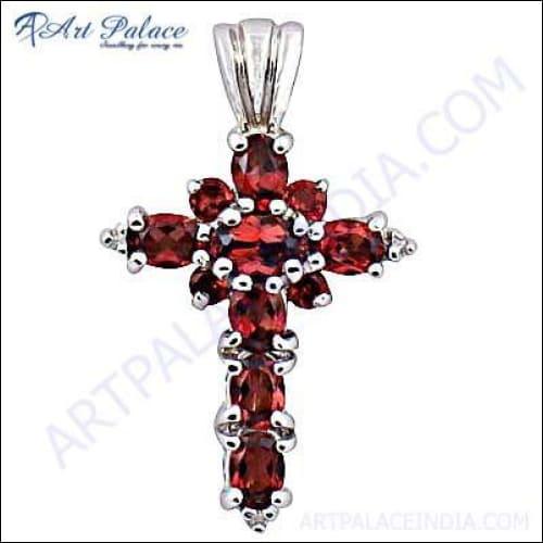 Lovely Red Cubic Zirconia Gemstone Silver Cross Pendant