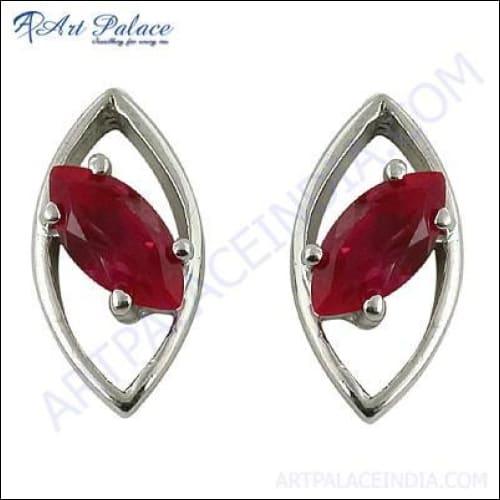 Lovely Red Cubic Zirconia Gemstone Silver Earrings