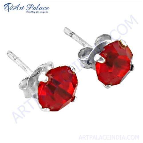 Lovely Red Cubic Zirconia Gemstone Silver Stud Earrings