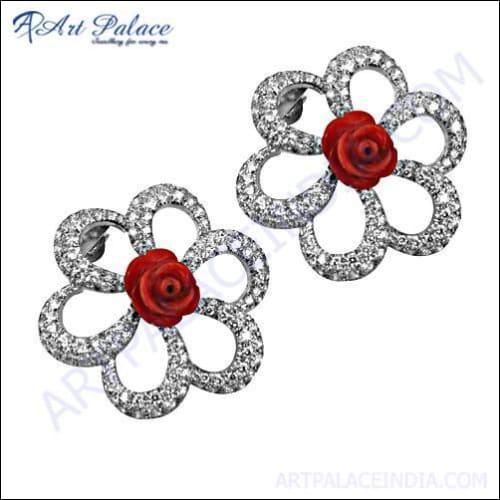 Lovely Rose Flower Gemstone Silver Earrings With CZ & Synthetic Coral