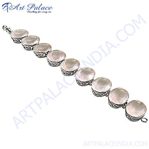 Lovely Rose Quartz Gemstone Silver Bracelet, 925 Sterling Silver Jewelry Rosequartz Bracelet Cut Stone Bracelet