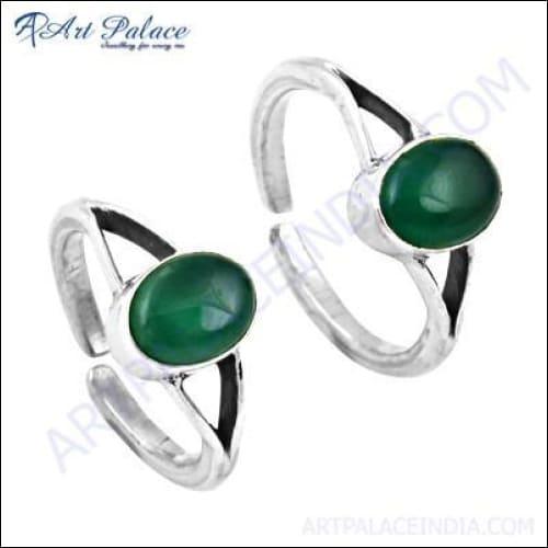 Luxurious Green Onyx Gemstone Silver Toe Rings, 925 Sterling Silver Jewelry