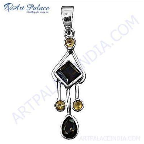 Luxury Citrine, Smokey & Smokey Quartz Gemstone Silver Pendant