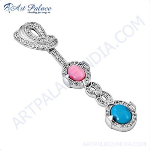 Luxury Pink Cz & Pink Glass & Synthetic Turquoise Silver Pendant