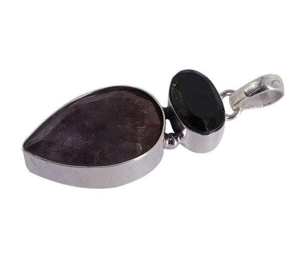 Moldavite And Cacoxenite Gemstone Silver Pendant Size : 40x20mm Side View