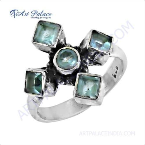 Most Fashionable Blue Topaz Glass Gemstone Silver Ring, 925 Sterling Silver Jewelry