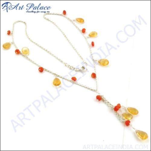 Most Fashionable Citrine & Red Onyx Gemstone Silver Necklace