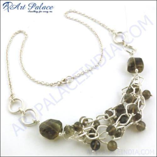 Most Fashionable Smokey Quartz Gemstone Silver Necklace