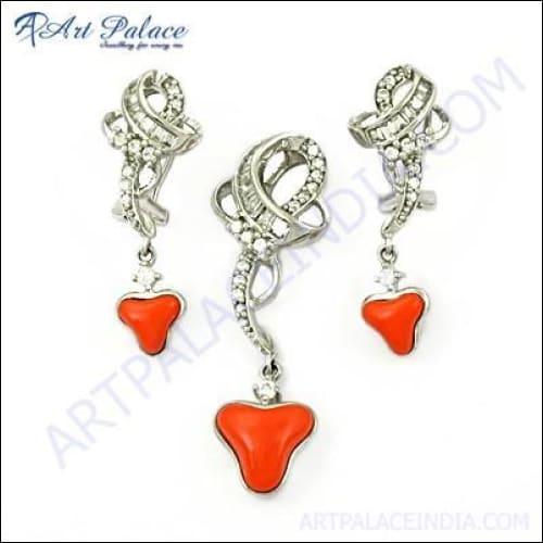 Most Fashionable Synthetic Coral & CZ Gemstone Silver Pendant Set