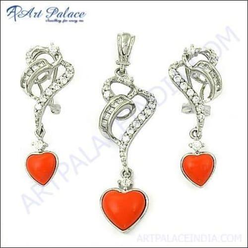 Most Popular Sterling Silver Cubic Zirconia & Synthetic Coral Pendant Set