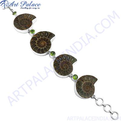 Natural Ammonite And Peridot Gemstone Bracelet 925 Silver Jewelry