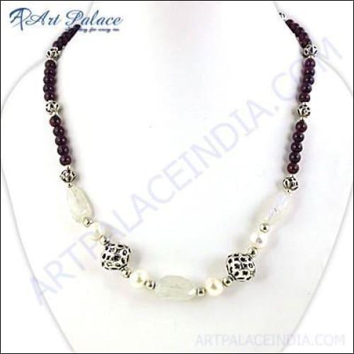 Natural Garnet Pearl & Rainbow Moonstone Silver Necklace