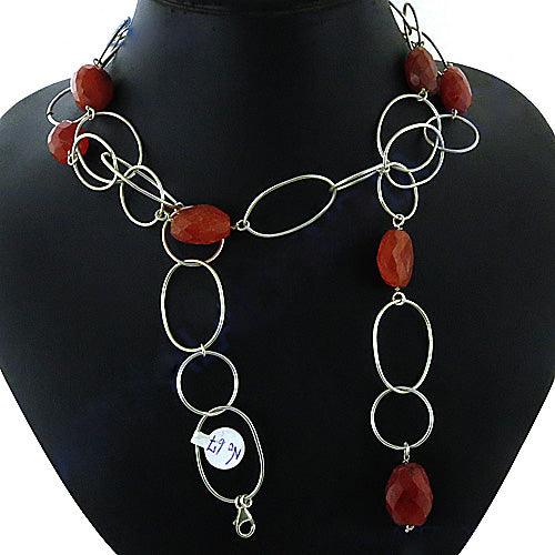 Natural Red Onyx Gemstone Sterling Silver Necklace Beaded Necklace Fashionable Necklace