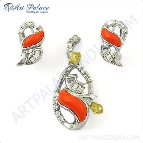 New Antique CZ & Synthetic Coral Gemstone Silver Pendant Set