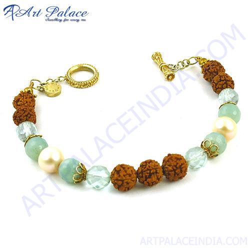 New Arrival Blue Topaz & Pearl & Rudraksha Silver Bracelet Excellent Beaded Bracelet Party Wear Beads Bracelet