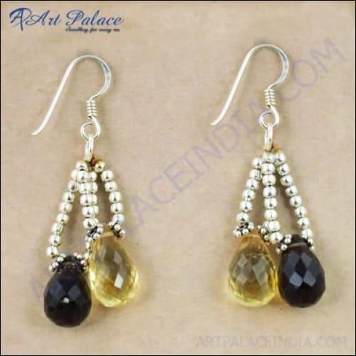 New Arrival Citrine & Smokey Quartz Gemstone Silver Earrings