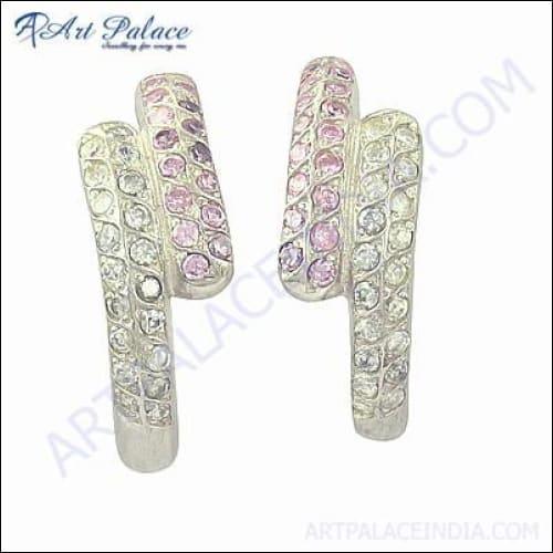 New Arrival Cubic Zirconia & Pink Cubic Zirconia Gemstone Silver Earrings