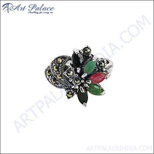 New Arrival Emerald & Sapphire Silver Ring High Class Marcasite Rings Trendy Marcasite Rings