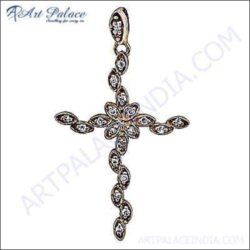 New Cross Gold Plated Silver Pendant With Cubic Zirconia