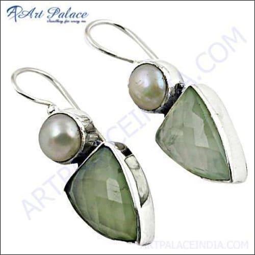 New Design Silver Earrings With Gemstone & Pearl, 925 Sterling Silver Jewelry Artisanal Earrings Precious Gemstone Earrings