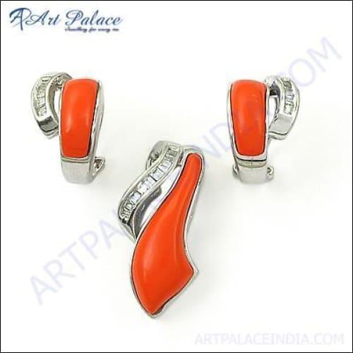 New Design Synthetic Coral & CZ Gemstone Silver Pendant Set