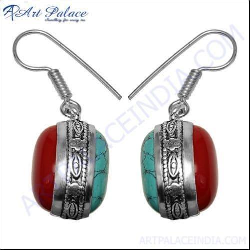 New Design Synthetic Coral & Turquoise White Metal Earring