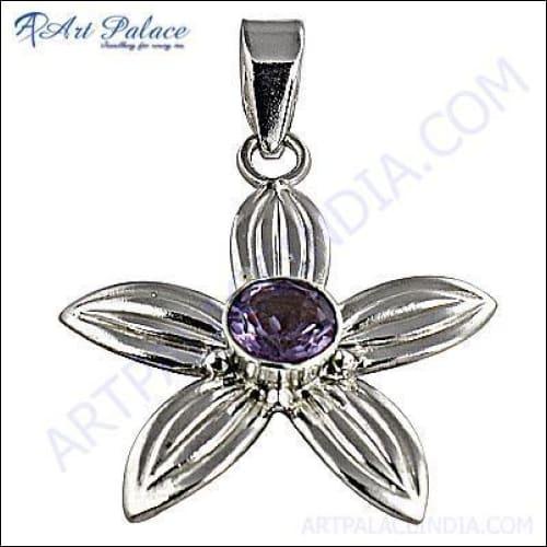 New Designer Flower Charm Silver Pendant With Amethyst