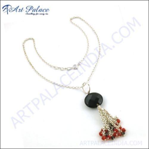 New Fashionable Black Onyx, Red Onyx & Smokey Quartz Gemstone Silver Necklace