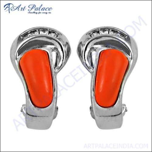 New Fashionable Coral & Cubic Zirconia Silver Earrings