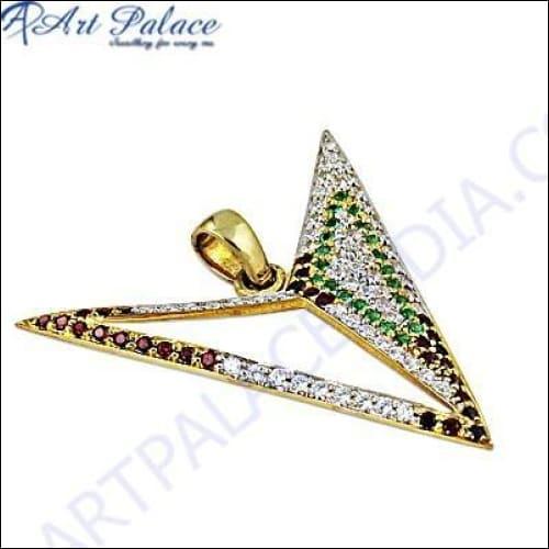 New Fashionable Cz & Garnet & Green Glass Gold Plated Silver Pendant