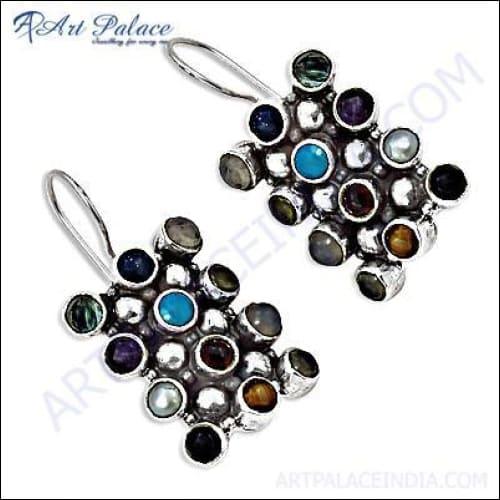 New Fashionable Latest Multi Stone Silver Earring Jewelry, 925 Sterling Silver Jewelry