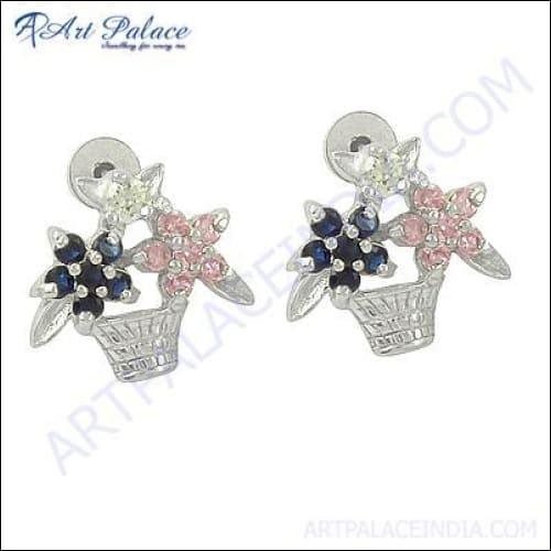 New Flower Basket Style Iolite & Pink Glass & Cz Silver Earrings Colorful Cz Earrings Fancy Earrings
