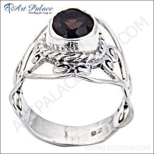 New Fret Work Smokey Gemstone Silver Ring